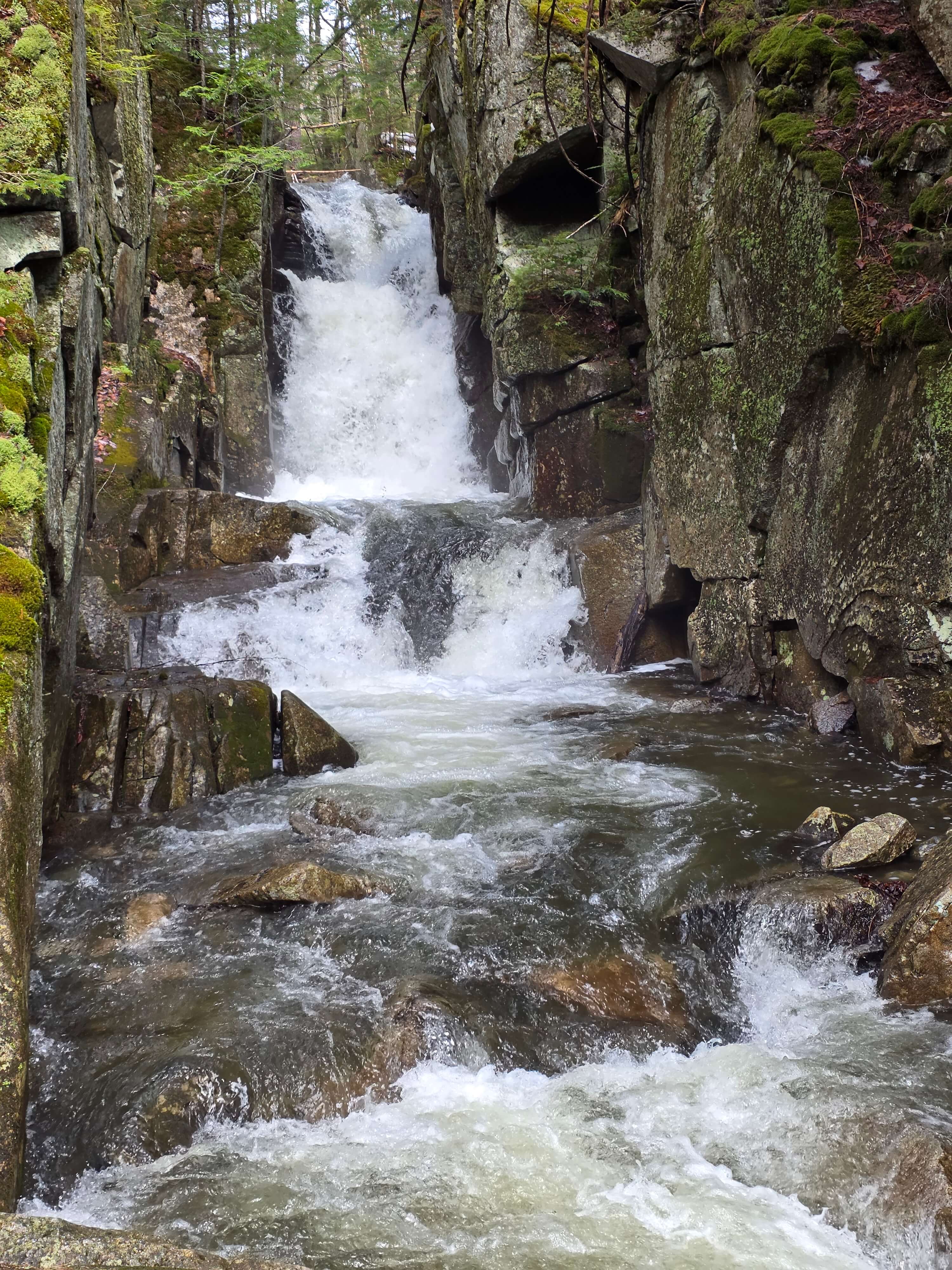 A cascading waterfall flows between rocky cliffs, surrounded by lush greenery.