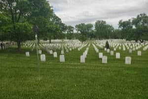 A peaceful cemetery scattered with white gravestones and surrounded by greenery.