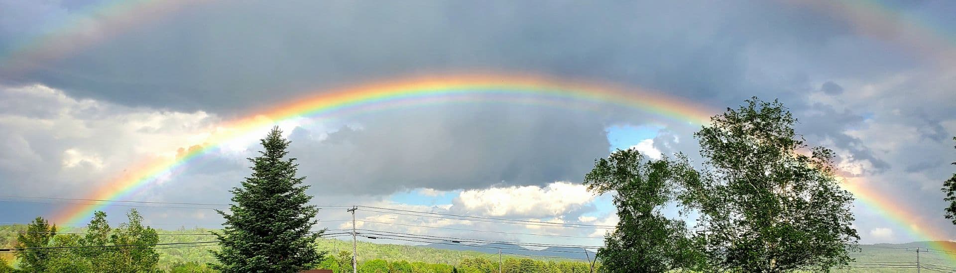 A colorful double rainbow over trees in cloudy skies