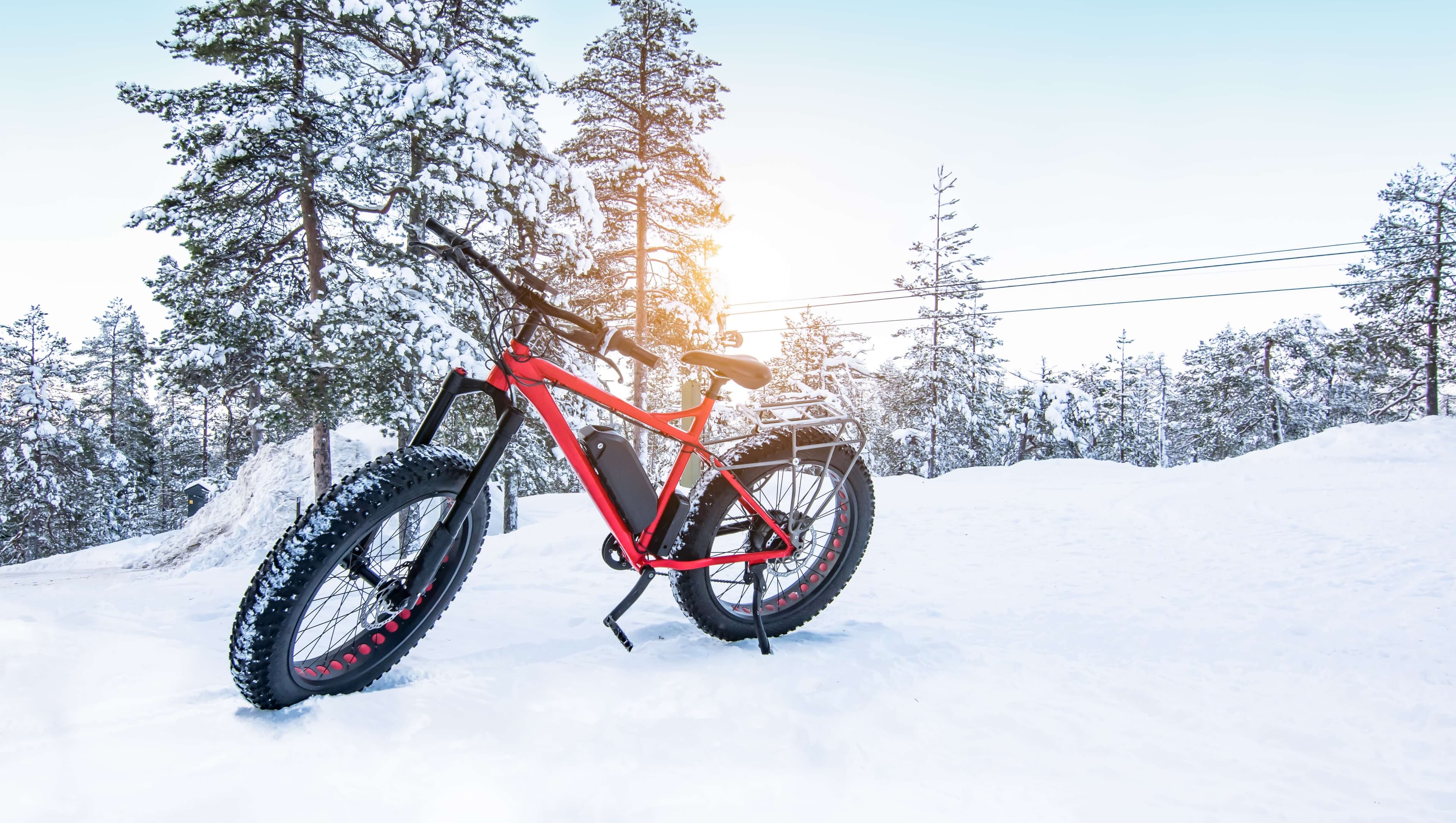 A red fat bike is parked in a snowy landscape with trees and a clear sky in the background.
