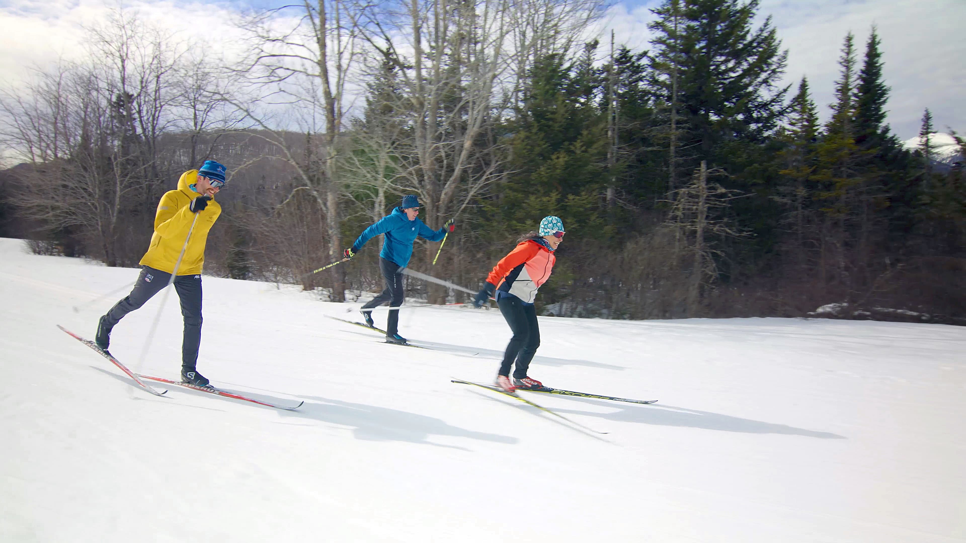 Three people cross-country skiing on a snowy trail among trees.