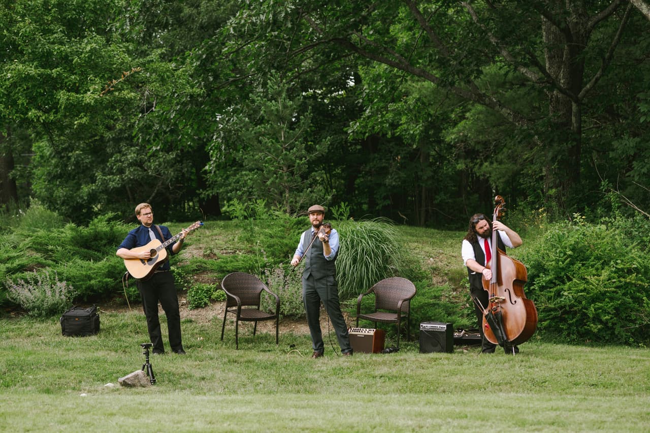 Three musicians playing guitar, fiddle, and double bass outdoors in a lush green setting.